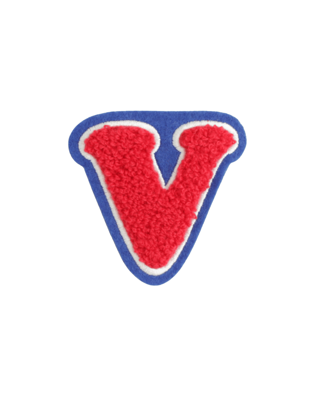 Red chenille varsity letter V patch with white outline and blue felt border on white background