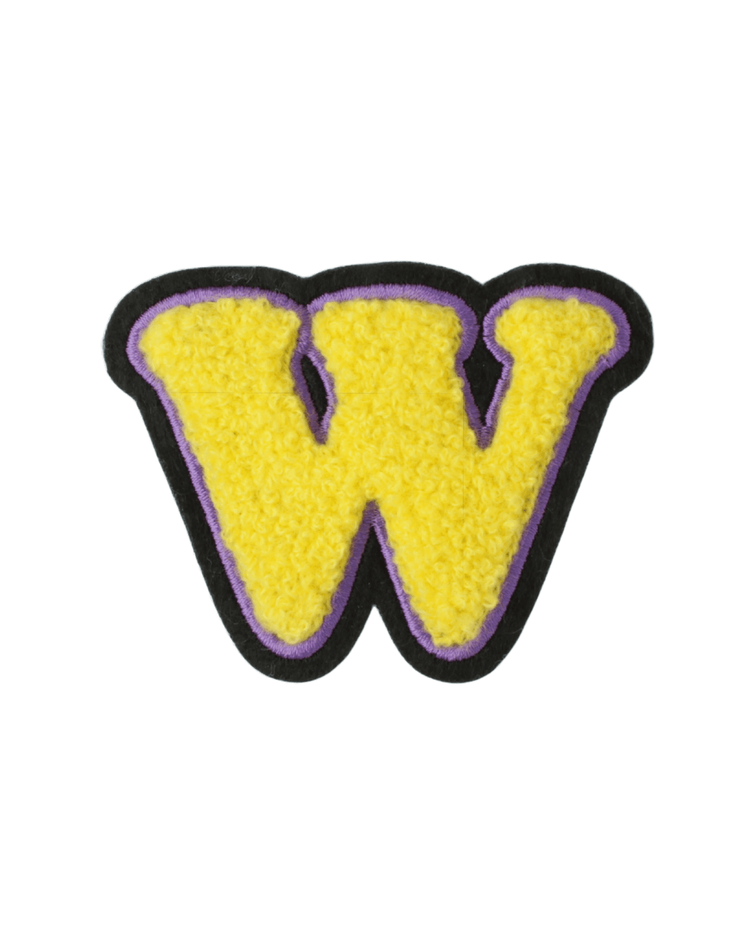 Yellow chenille varsity letter W patch with black and purple border on white background.