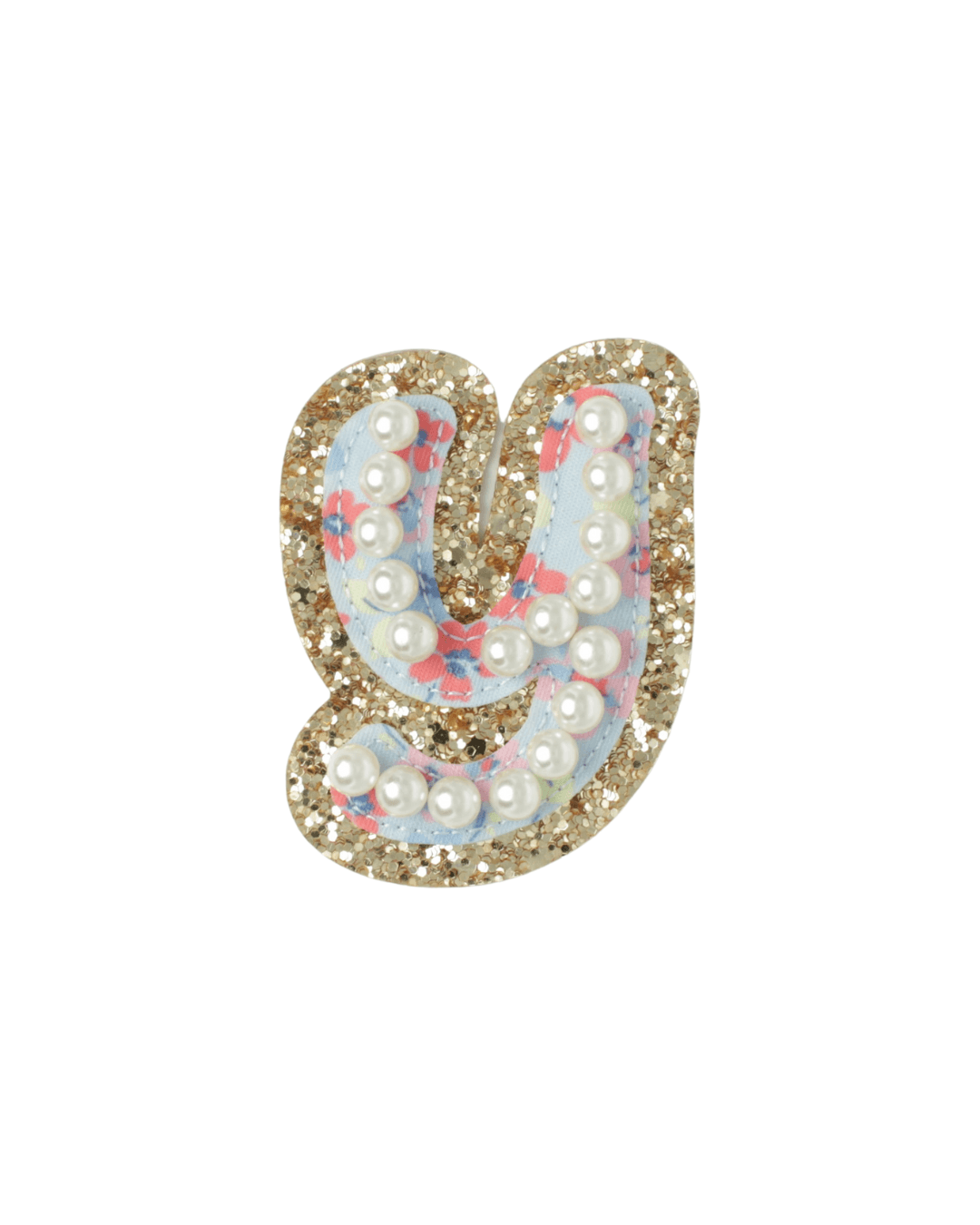 glitter letter patch with floral fabric, pearl accents, gold border, lowercase y shape