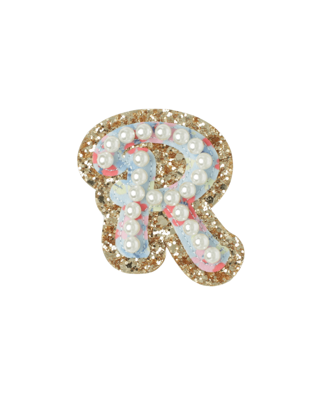 Gold glitter letter patch with floral print and pearl accents on white background