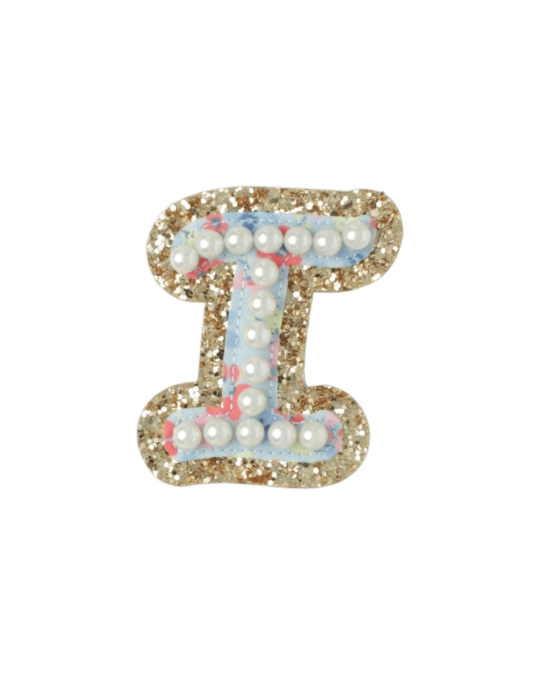 Letter I patch with blue floral fabric, white pearls, and gold glitter border on white background