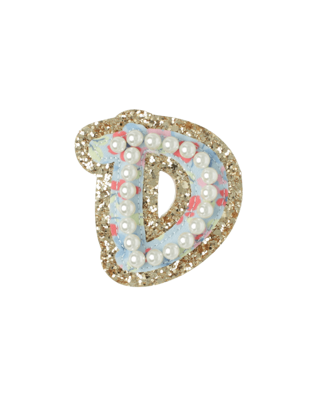 gold glitter letter D patch with floral print fabric and pearl accents on white background