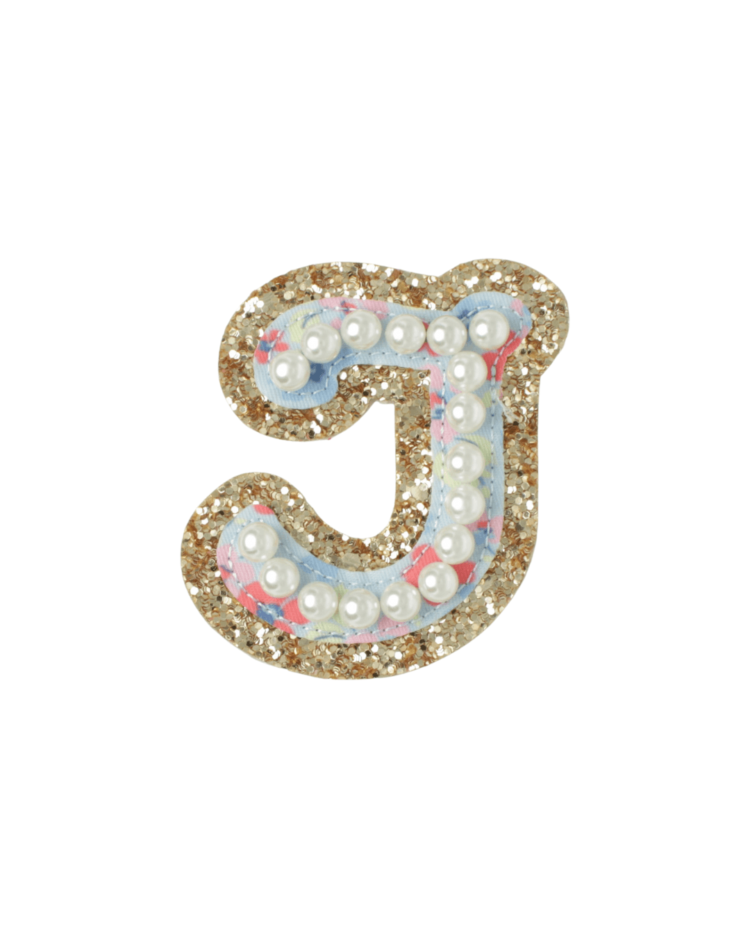 Gold glitter letter J patch with floral fabric and pearl accents on white background.