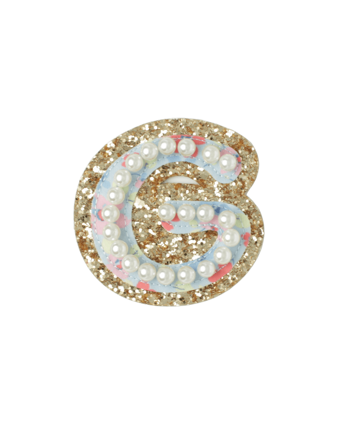 Glitter letter patch shaped as G with gold sequins, pastel floral details, and pearl accents