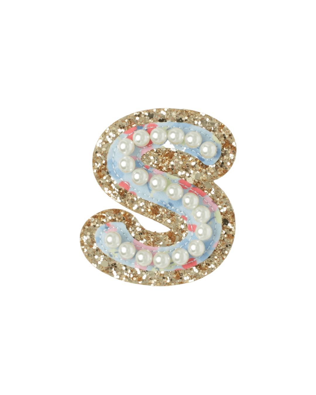 glittery gold letter S patch with floral fabric and pearl accents