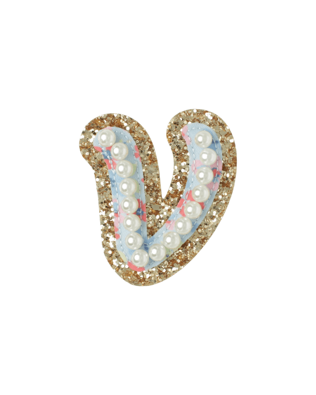 glitter gold letter patch with floral fabric and pearl accents on white background