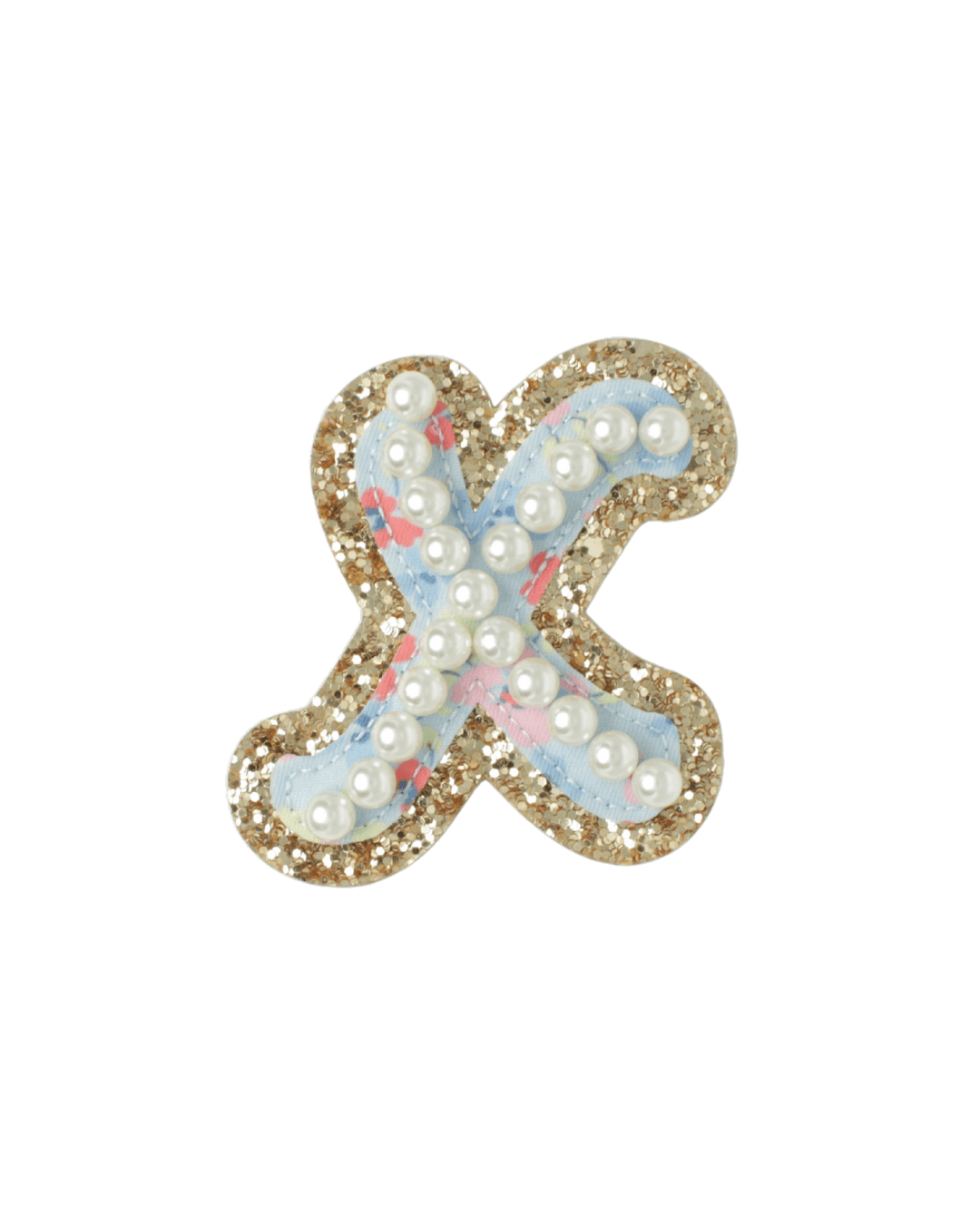letter patch with blue floral fabric, white pearls, and gold glitter border on white background