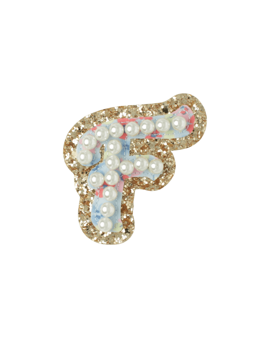 Gold glitter patch shaped like the letter F with pearl beads and floral fabric details