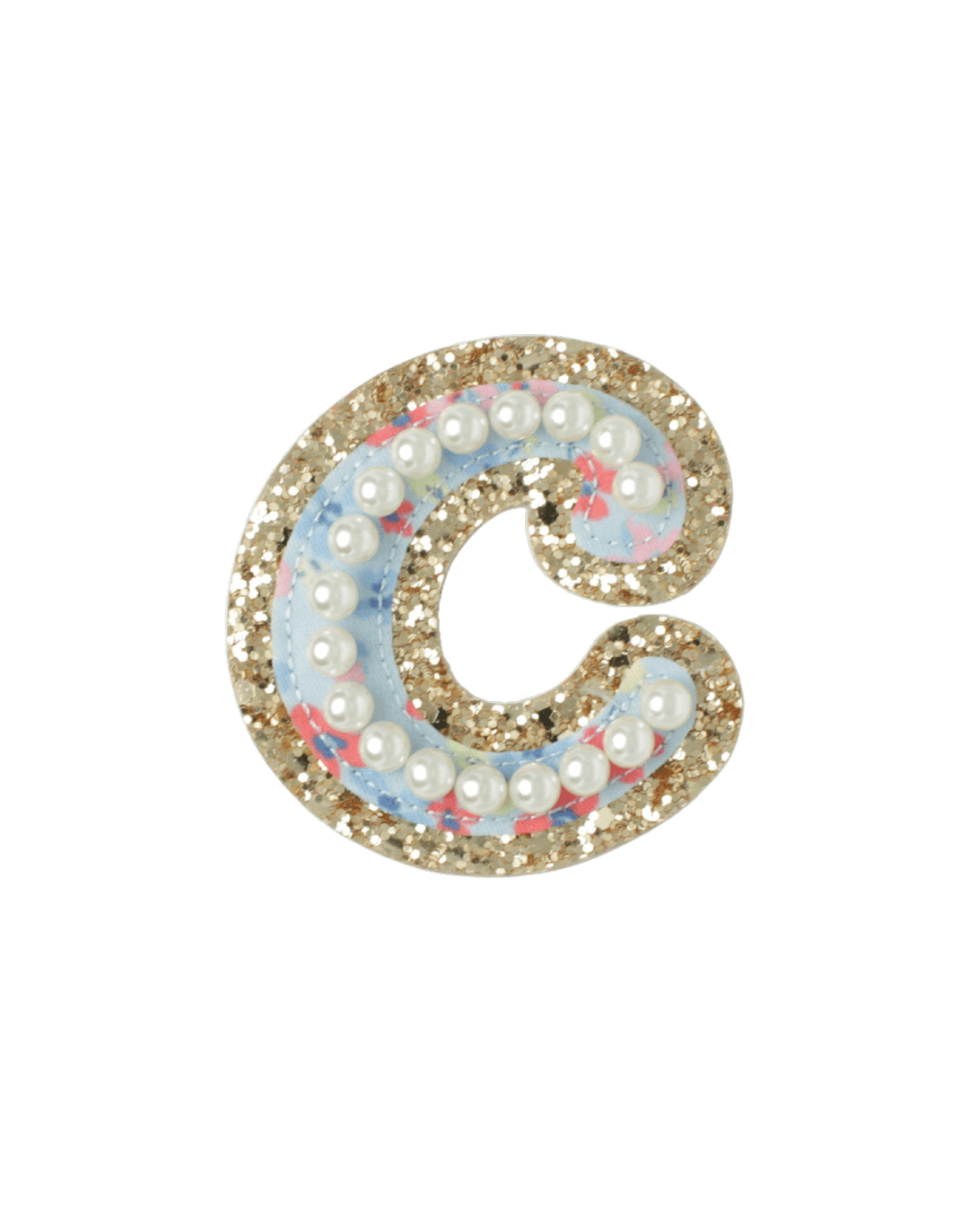 letter C patch with gold glitter border, blue floral fabric, and pearl accents on white