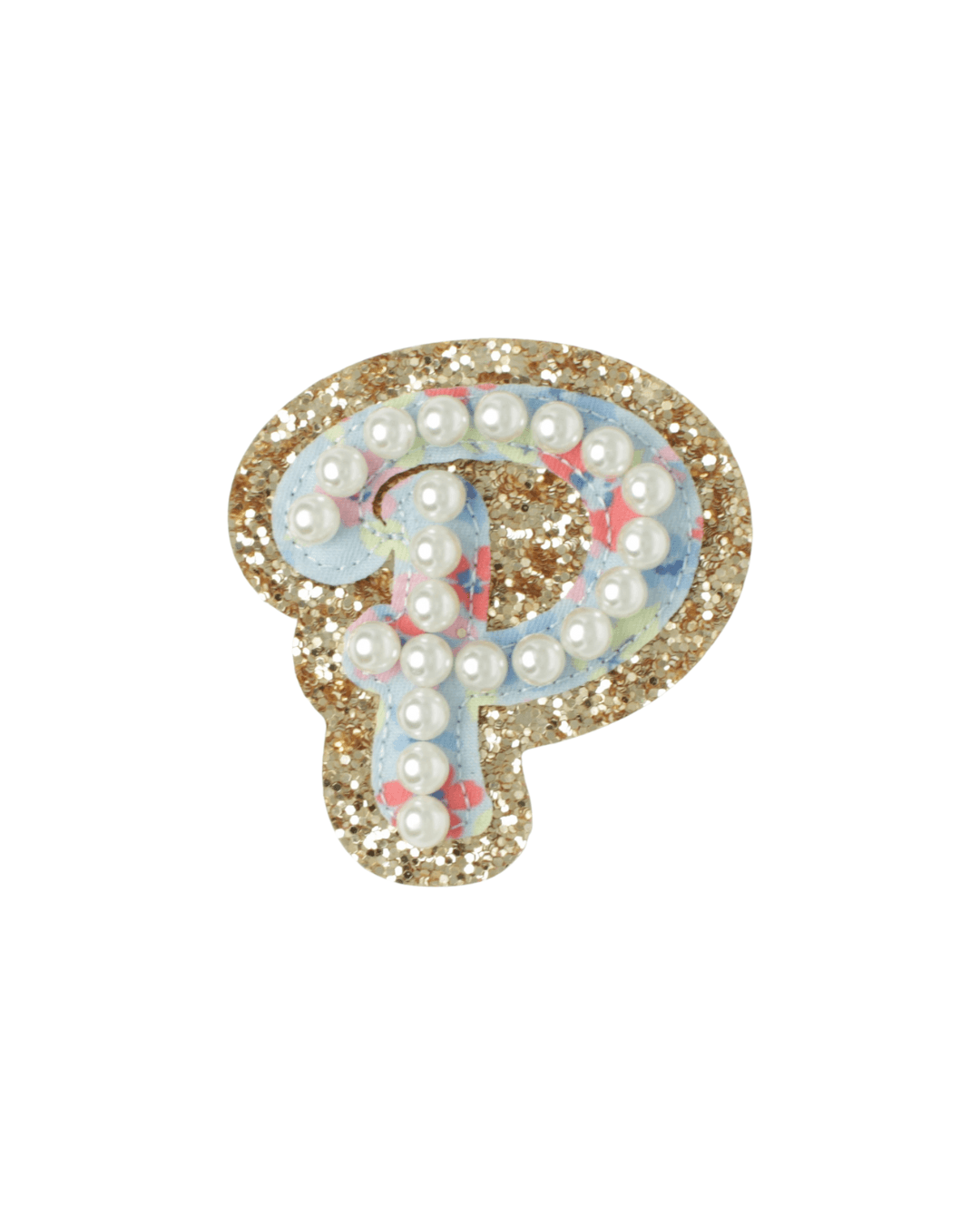 P-shaped patch with gold glitter, pearl beads, and pastel floral fabric on white background