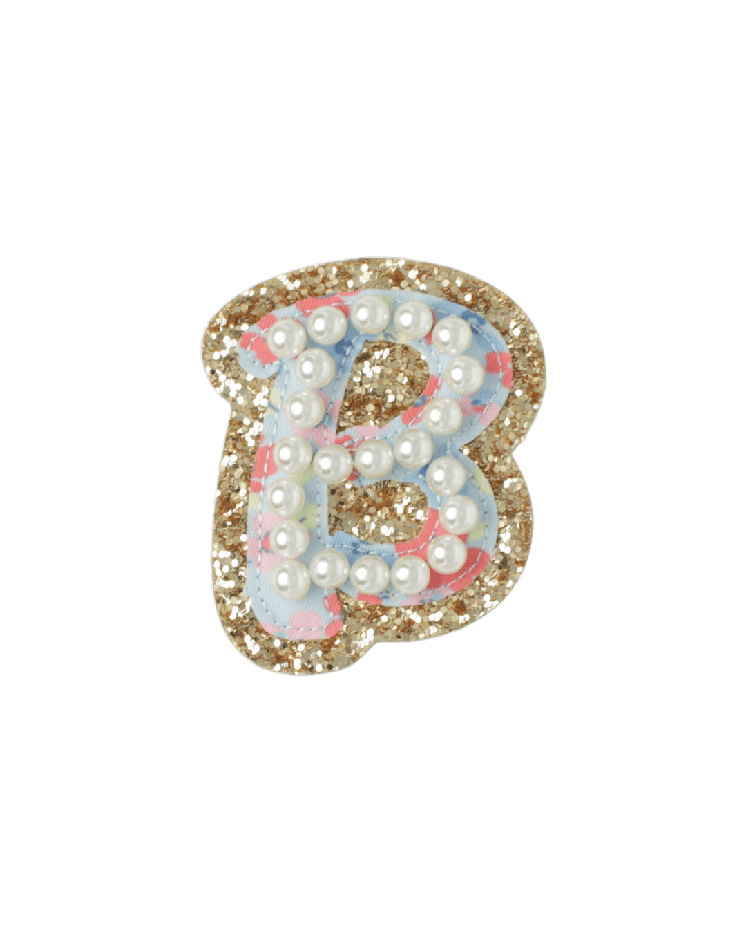 Letter B patch with gold glitter, pastel floral fabric, and pearl accents on white background.