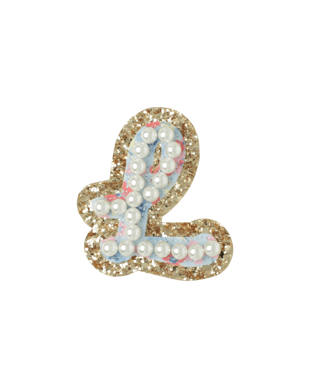 pearl letter patch with blue floral fabric and gold glitter background on white