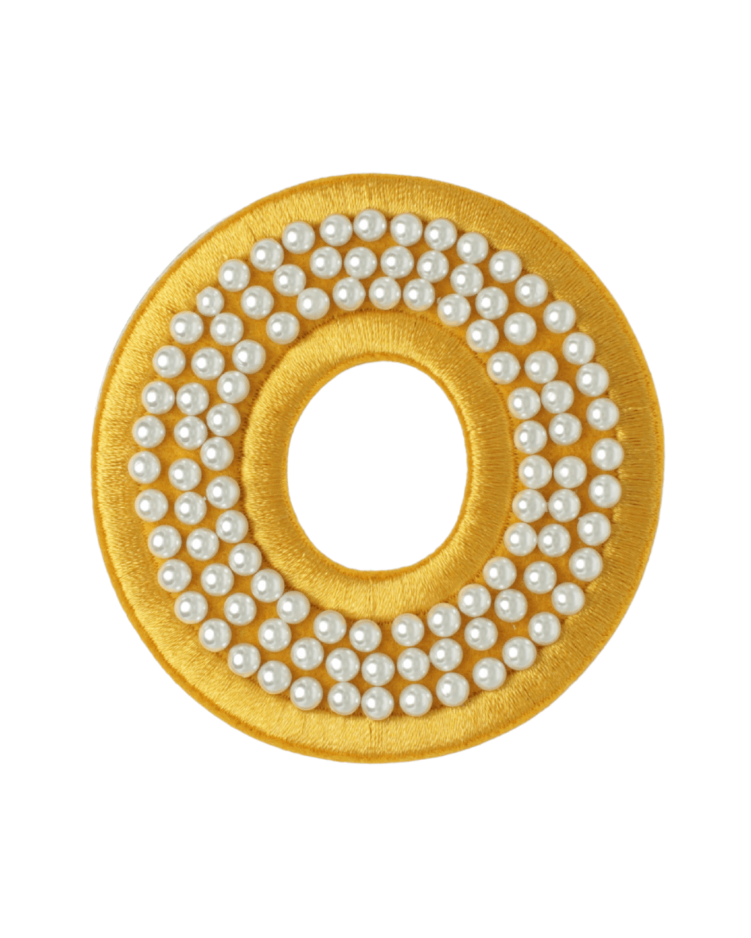 Gold satin letter O patch decorated with small white pearls on a white background.