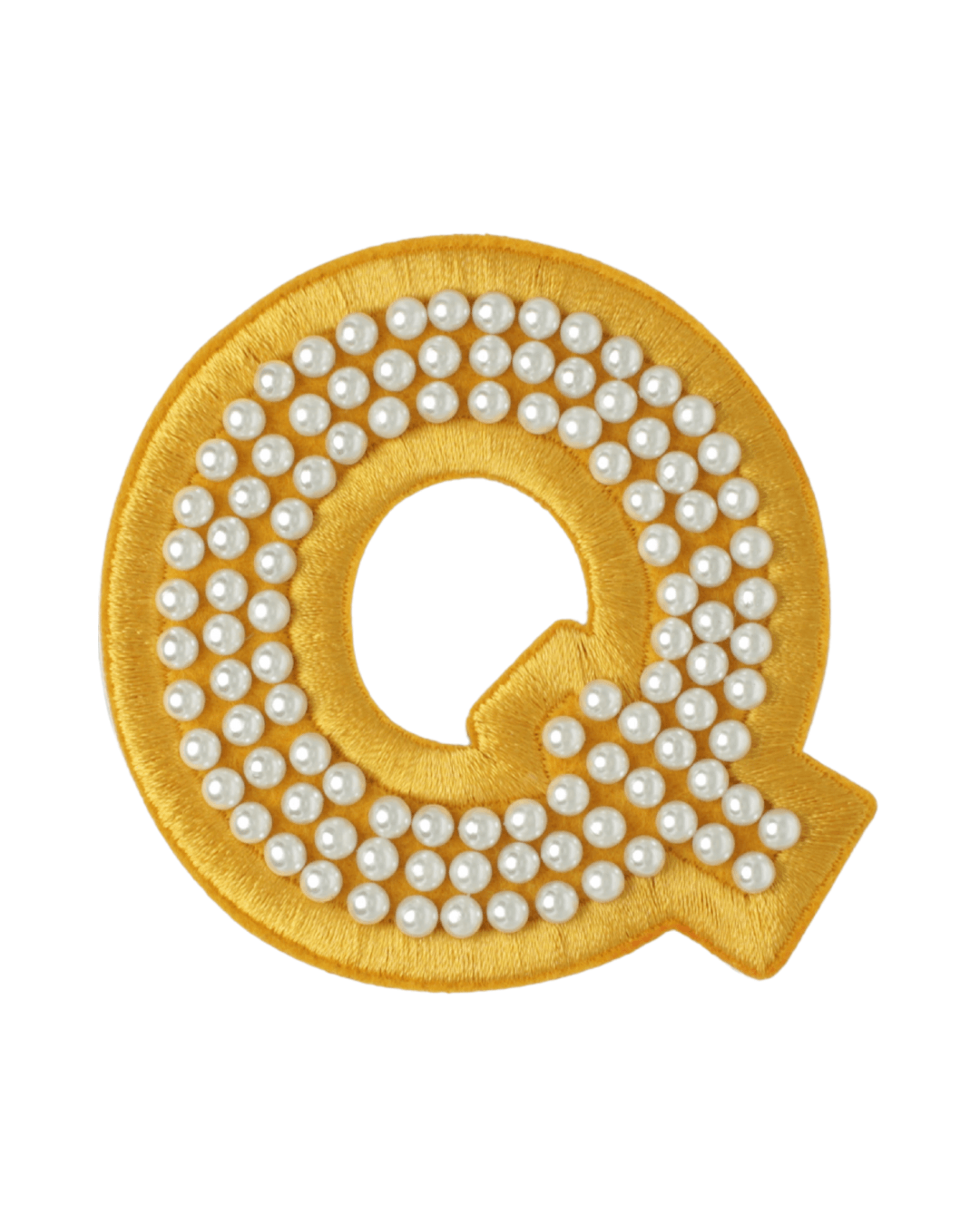 Gold satin letter Q patch decorated with small white pearls on a white background
