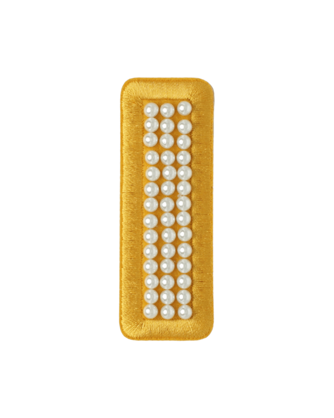 gold satin rectangular patch with pearl beads arranged in rows on white background