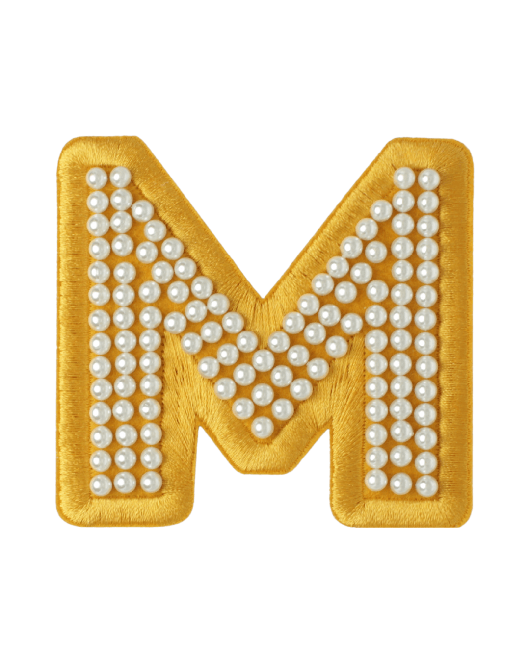 Gold satin letter M patch decorated with small pearl beads on a white background.