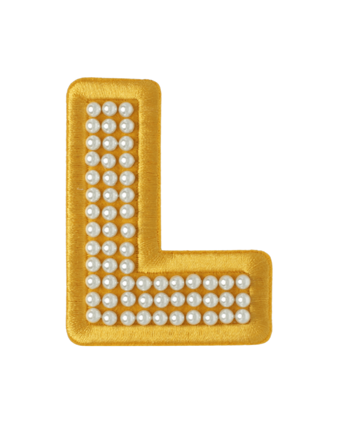 Gold satin letter L patch decorated with pearl beads on a white background