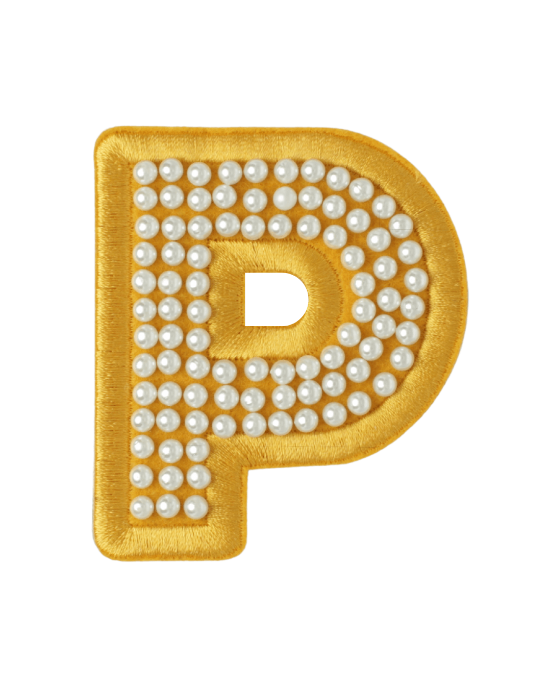 Gold satin letter P patch decorated with rows of white pearl beads on a white background.