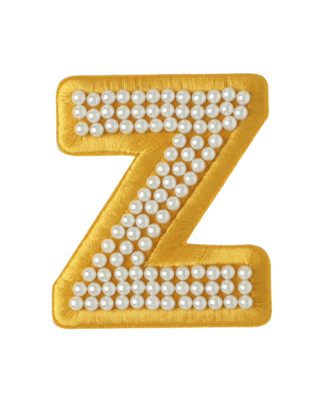 Gold satin letter Z patch decorated with small white pearl beads on a white background