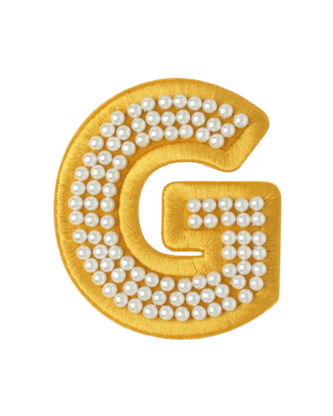 Gold satin letter G patch decorated with white pearl beads on a white background.