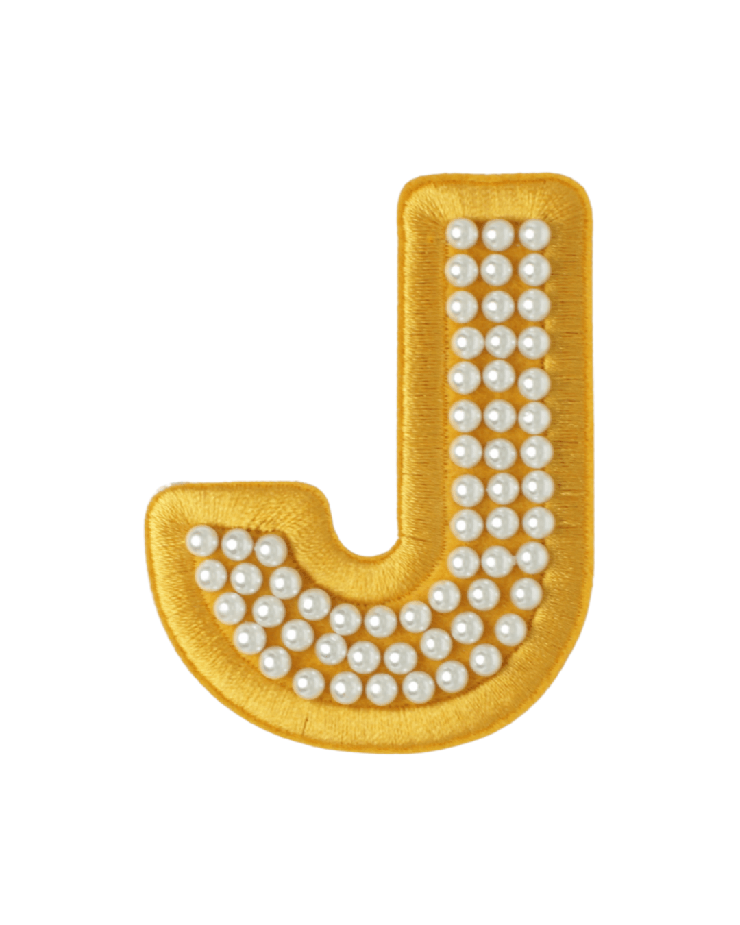 gold satin letter J patch decorated with white pearl beads on a white background