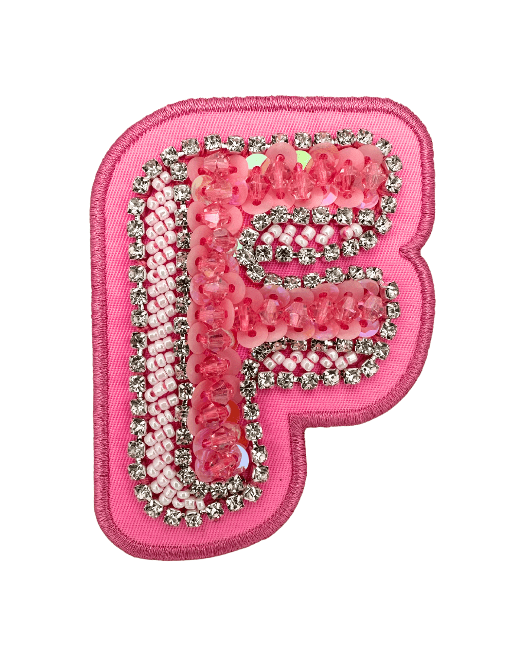Pink fabric letter patch with sequins, beads, and rhinestone embellishments on white background