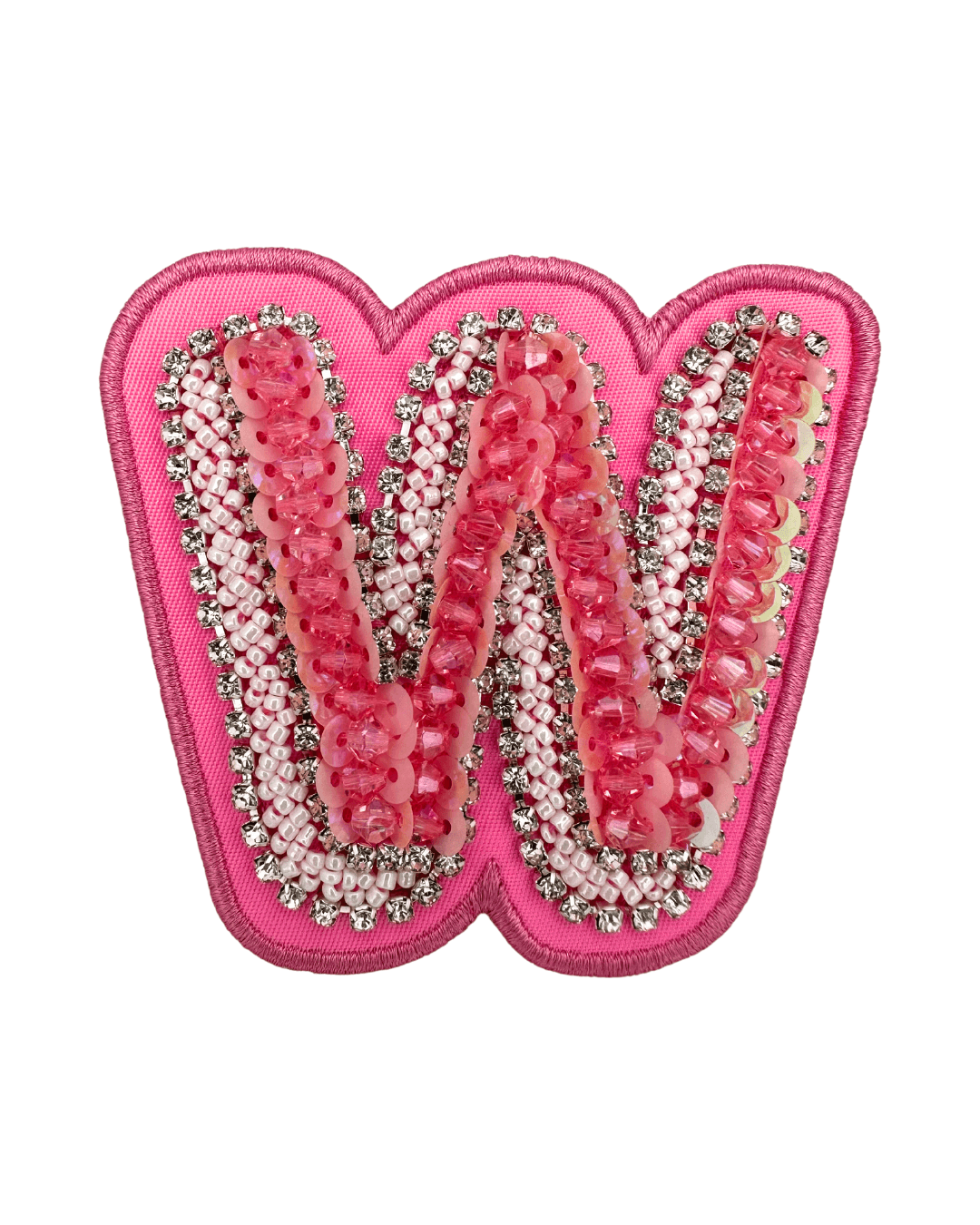 Pink fabric letter W patch with sequin, bead, and rhinestone embellishments