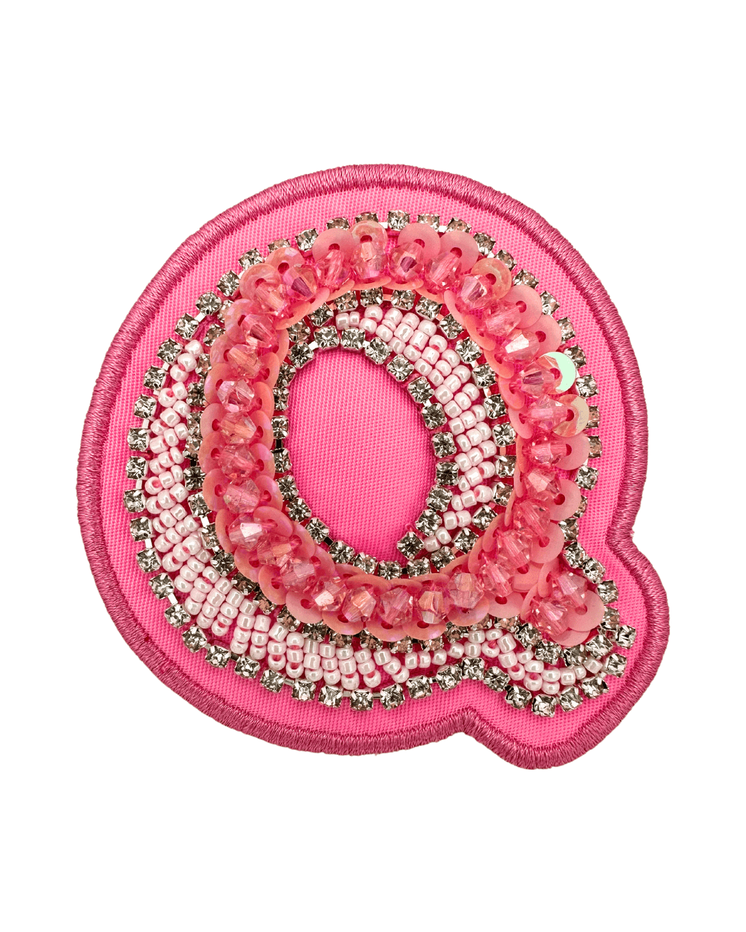 Pink fabric letter patch with beaded and sequin embellishments on white background