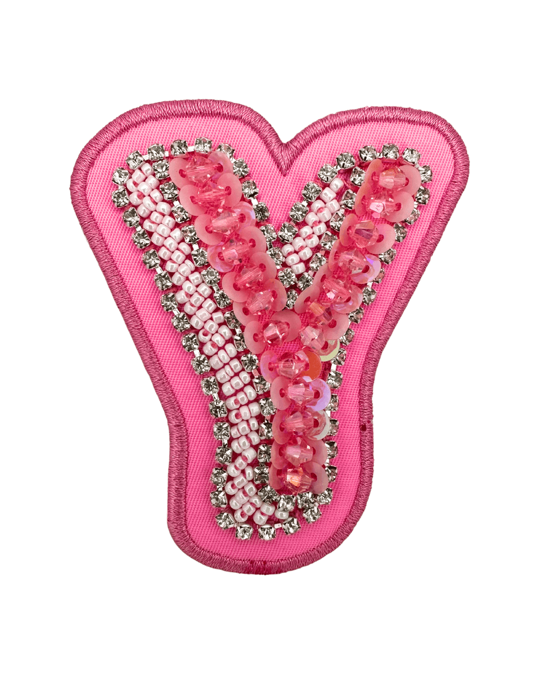 Pink fabric letter patch with sequins, beads, and rhinestone embellishments on white background