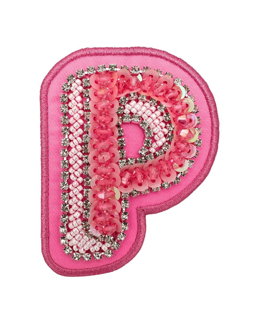 Pink fabric letter patch with sequins, beads, and rhinestone embellishments