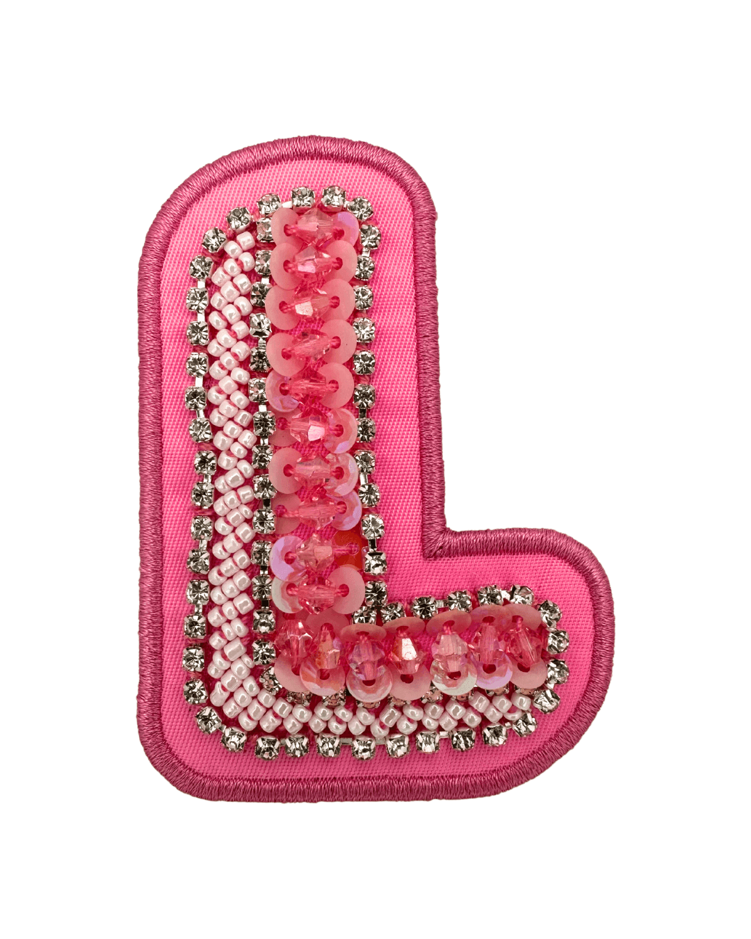 pink embroidered letter L patch with sequins, beads, and rhinestone accents on white background