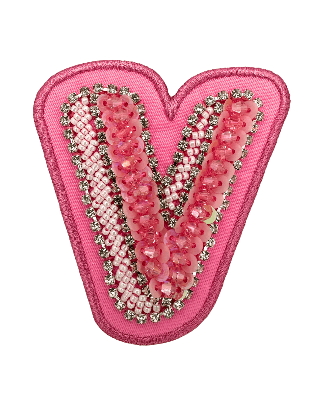 Pink fabric letter patch with sequins, beads, and rhinestone embellishments