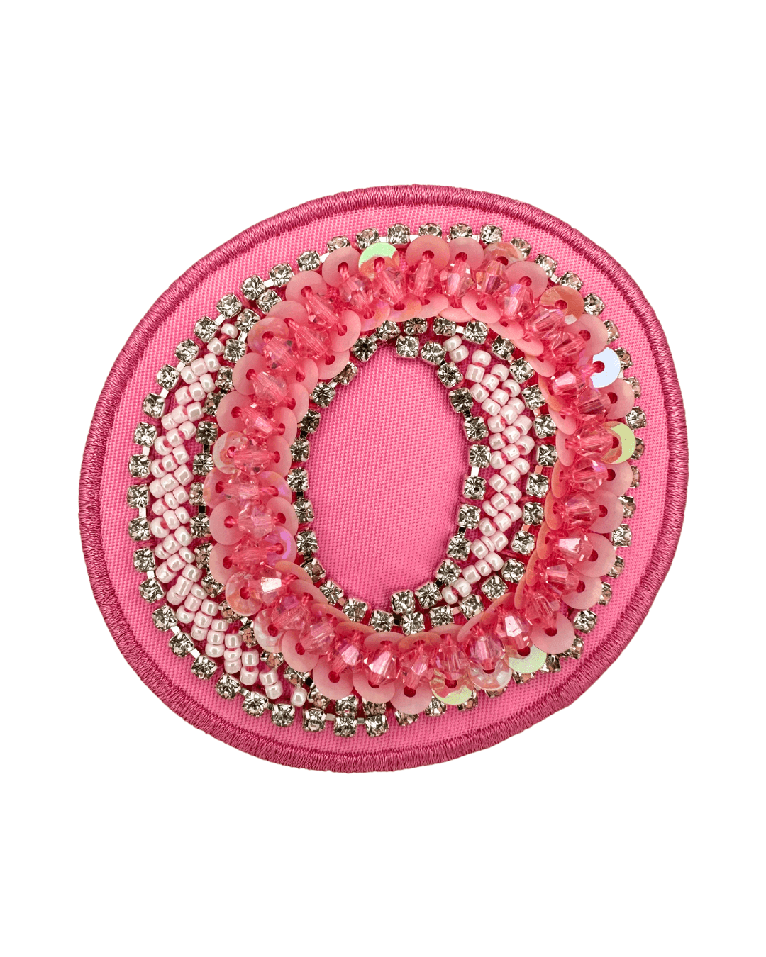 Pink embroidered fabric letter patch with sequins, beads, and rhinestone embellishments