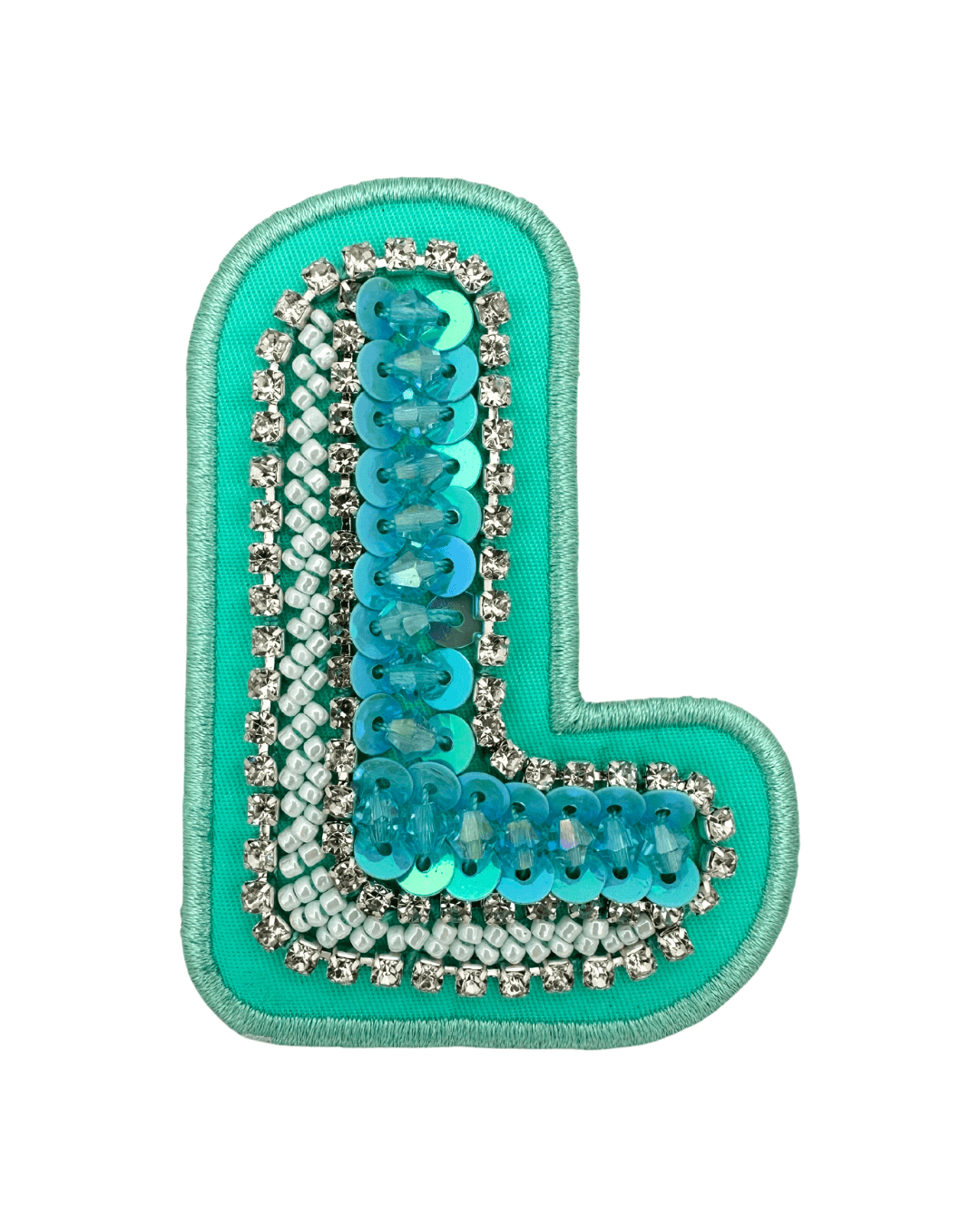 Lagoon green fabric letter patch with blue sequins, beads and rhinestone embellishments