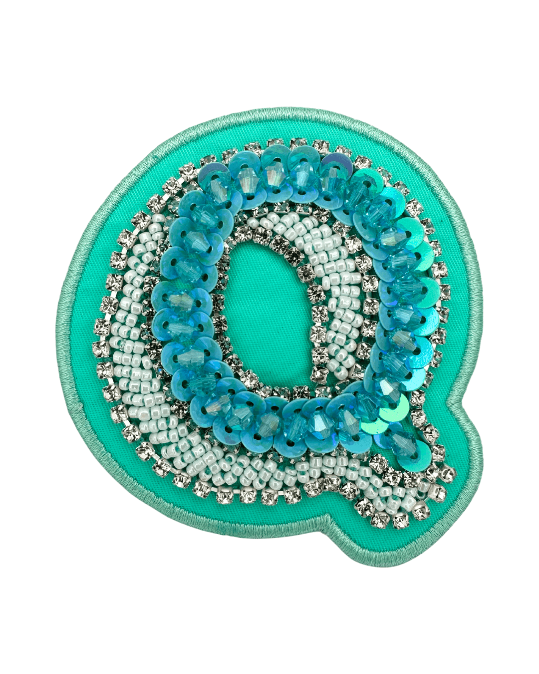 Lagoon green fabric letter patch decorated with blue sequins, beads, and rhinestones