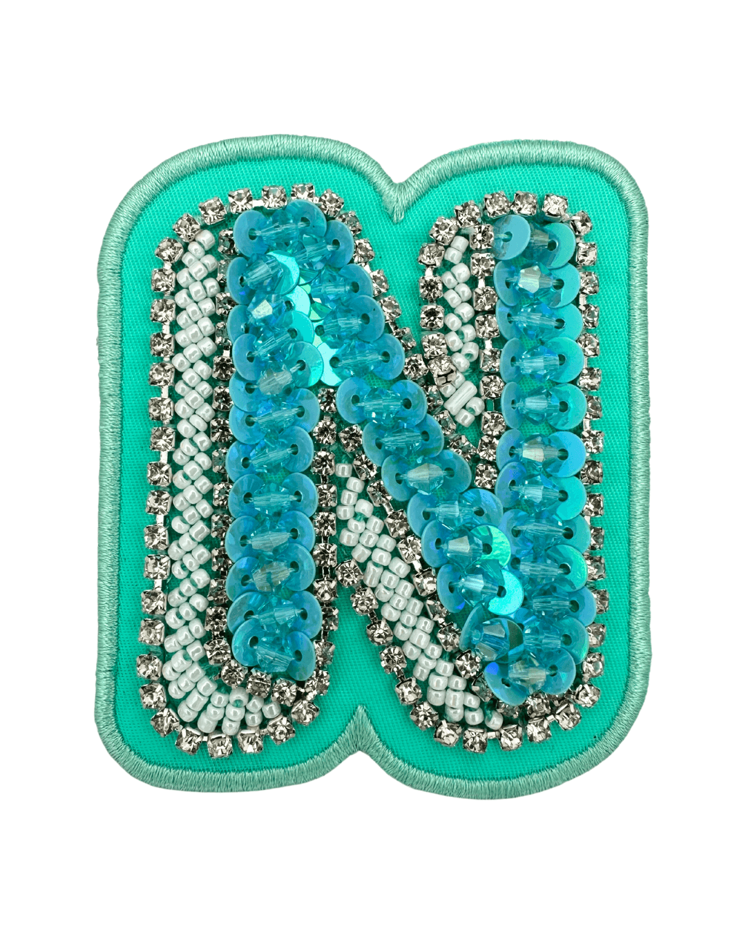 Lagoon green fabric letter patch with blue sequins, beads, and rhinestone embellishments