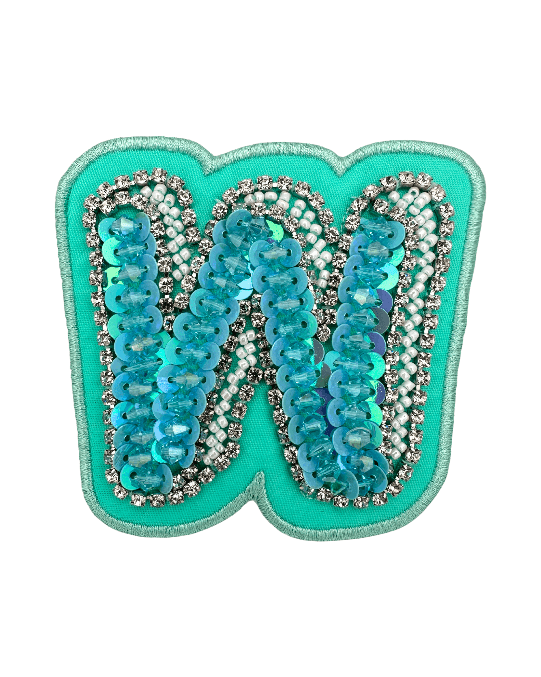 Lagoon green fabric letter patch with blue sequins, beads, and rhinestone embellishments
