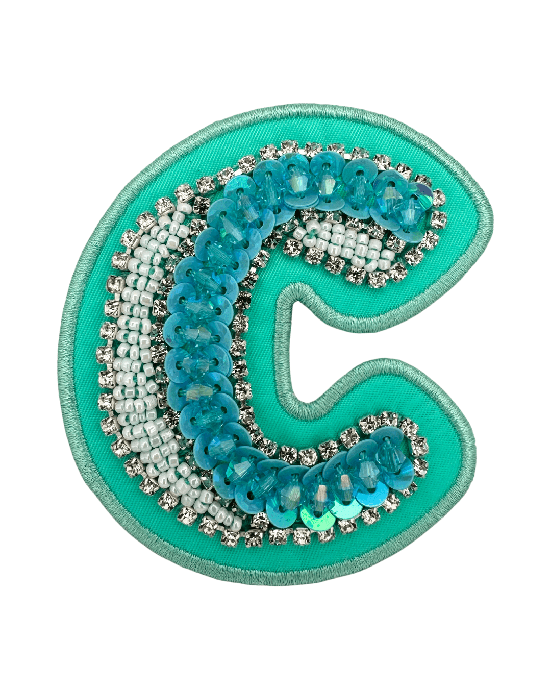 lagoon green letter C fabric patch with blue sequins, white beads, and rhinestone accents