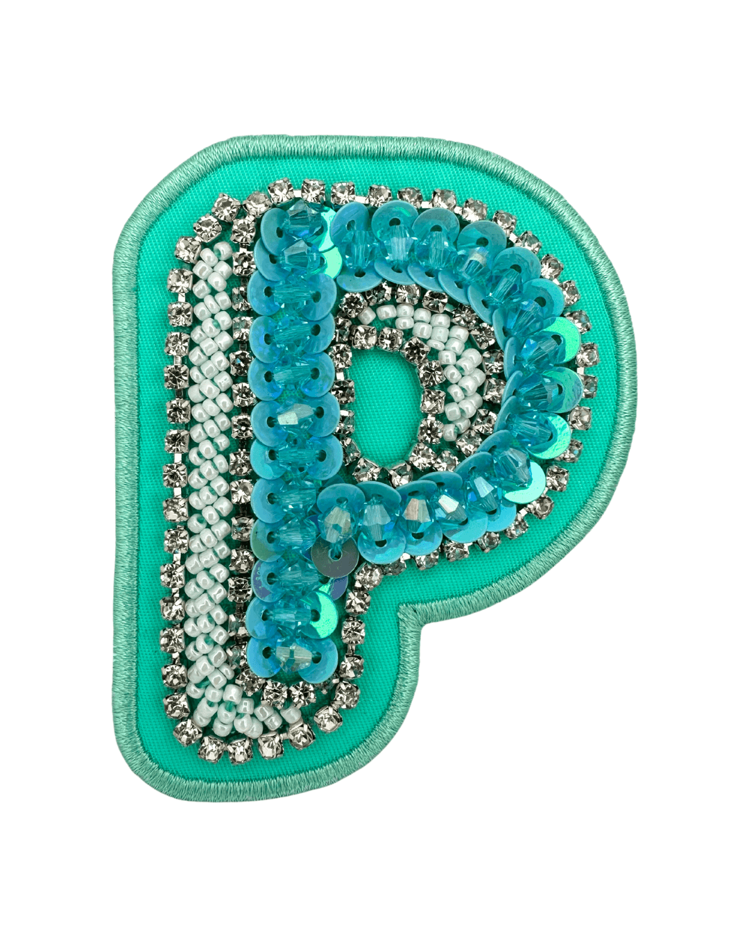 turquoise fabric letter patch embellished with beads, sequins, and rhinestones on white background