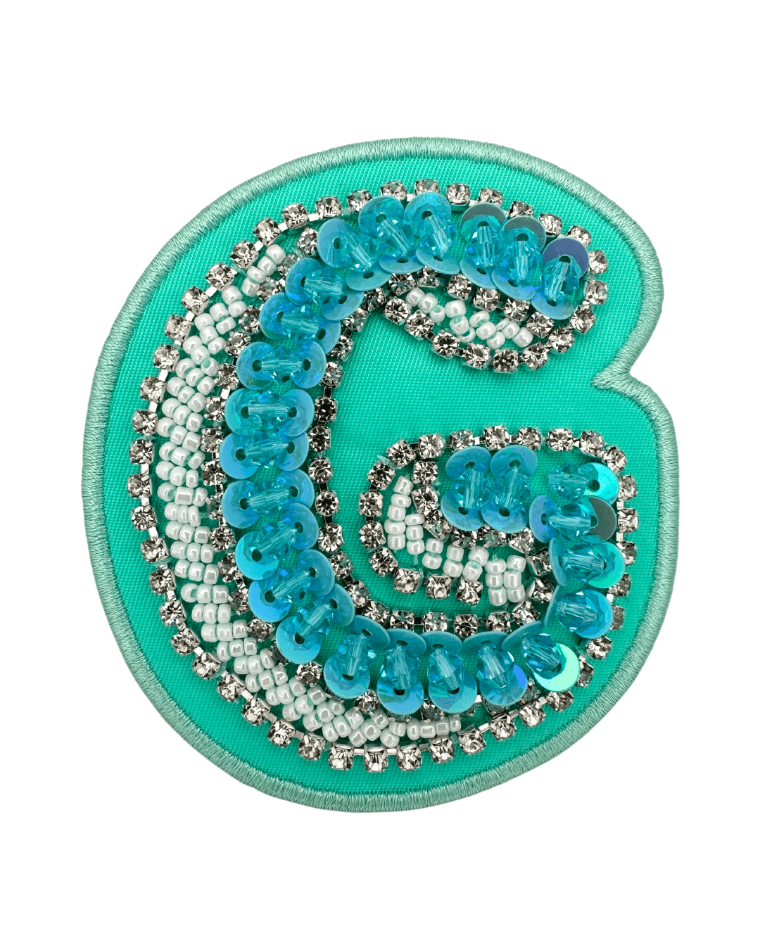 turquoise fabric letter patch with blue sequins, clear beads, and rhinestone accents