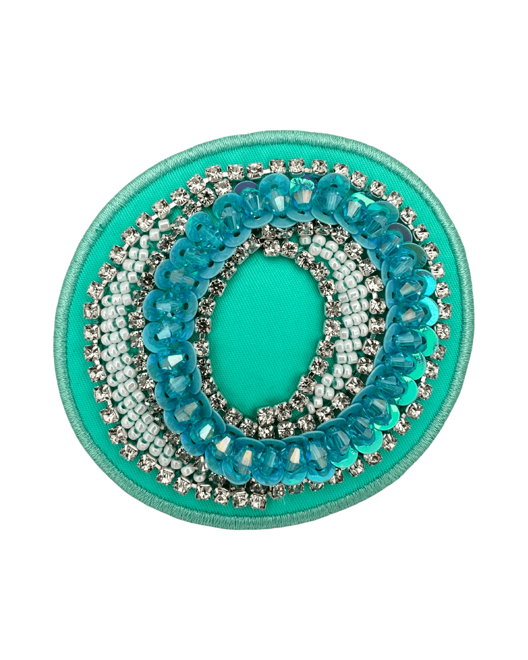 Lagoon green embroidered fabric patch with blue beads and silver rhinestone details