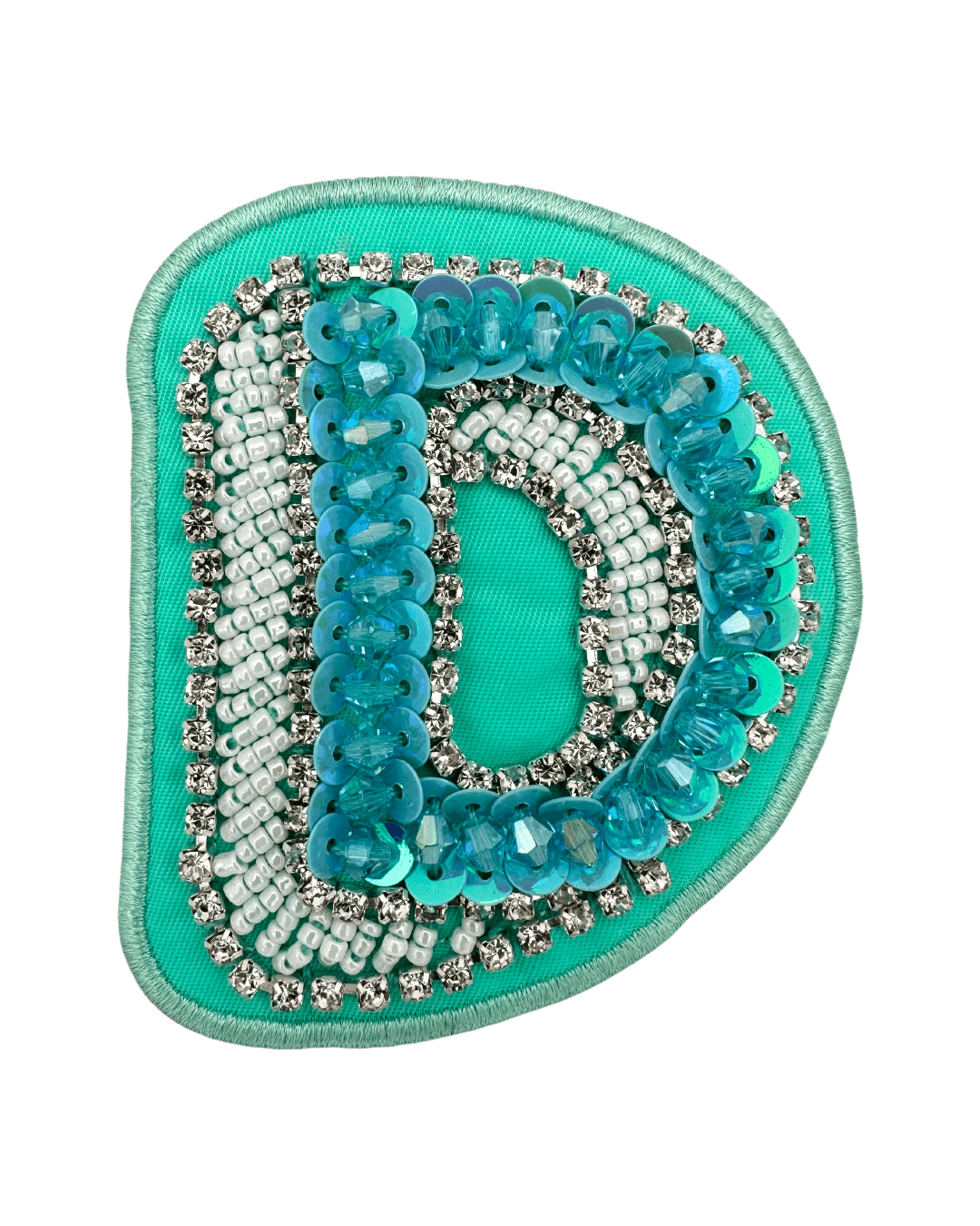 Lagoon green embroidered patch shaped like the letter D with sequins and beads