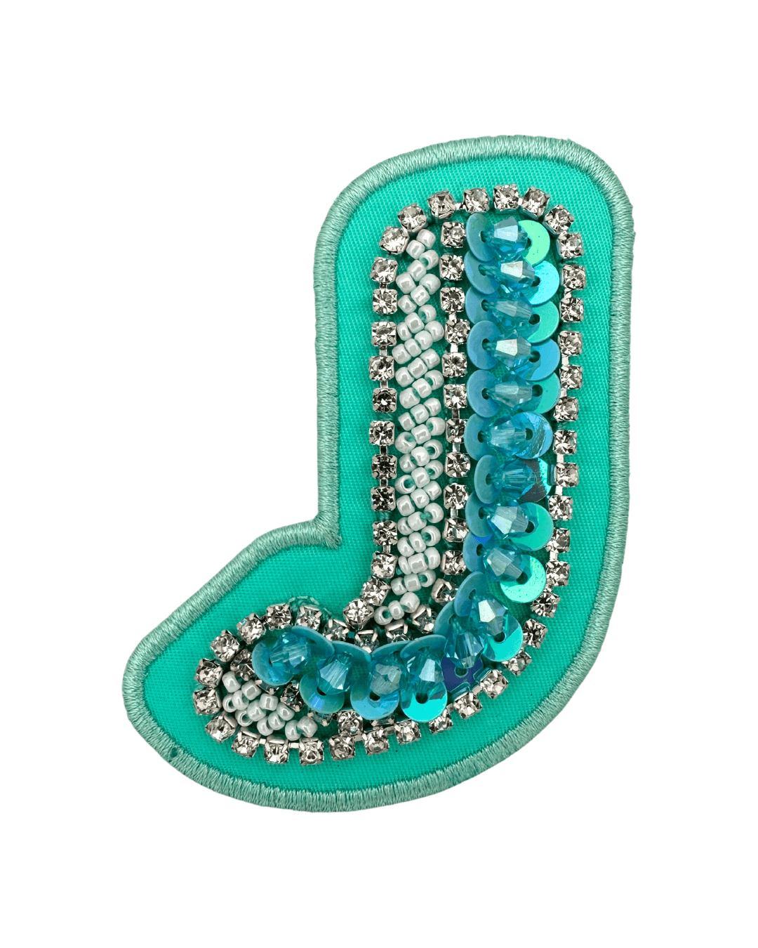 Lagoon green fabric letter patch with sequins, beads, and rhinestone embellishments