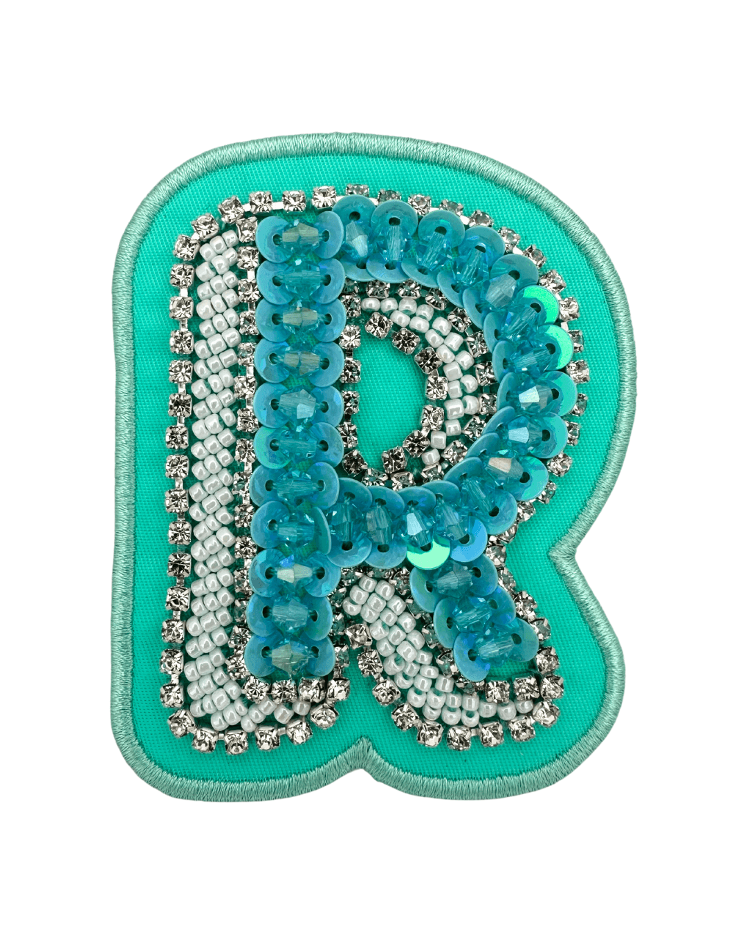 Lagoon green fabric letter patch with sequin and bead embellishments shaped as R