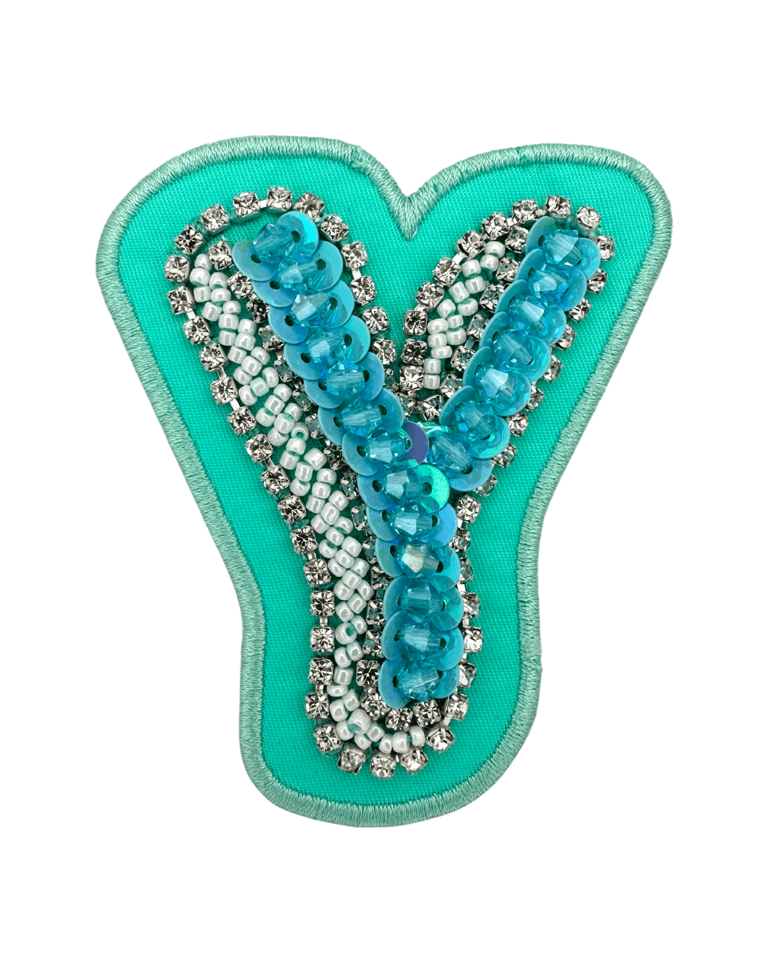 Lagoon green fabric letter Y patch with blue sequins, silver beads and rhinestone accents