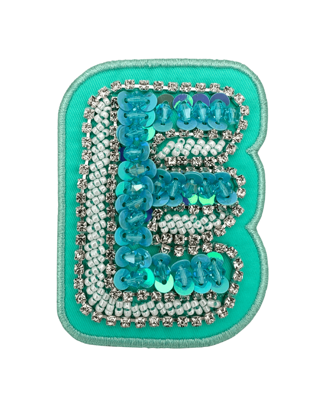 Embroidered letter patch in turquoise fabric with blue sequins, beads, and rhinestones