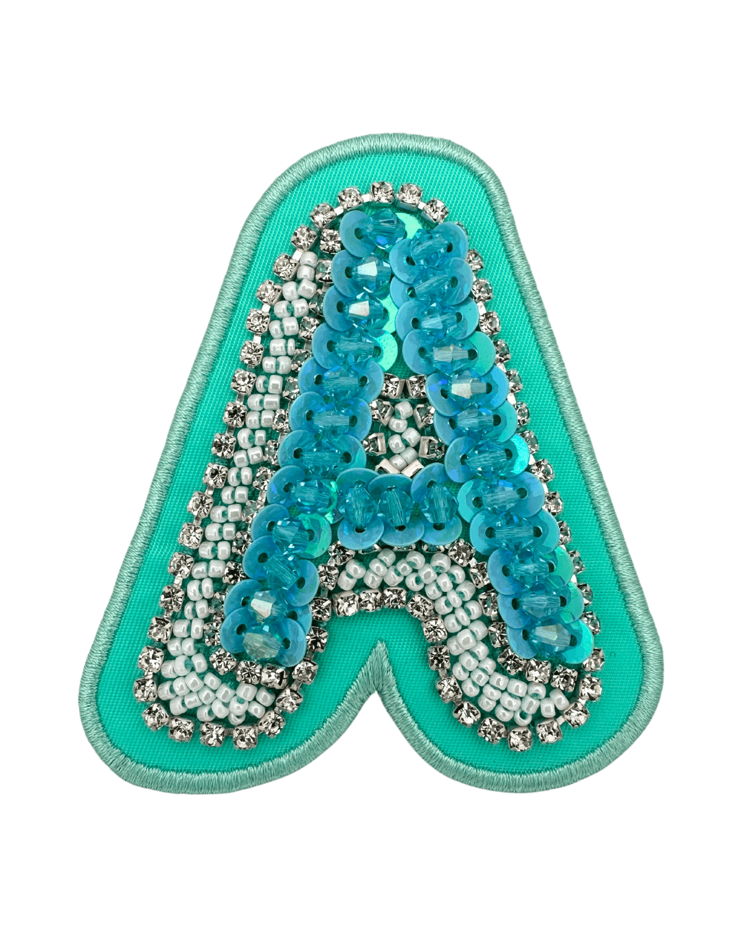 Green fabric letter patch with blue sequins, white beads, and clear rhinestone embellishments