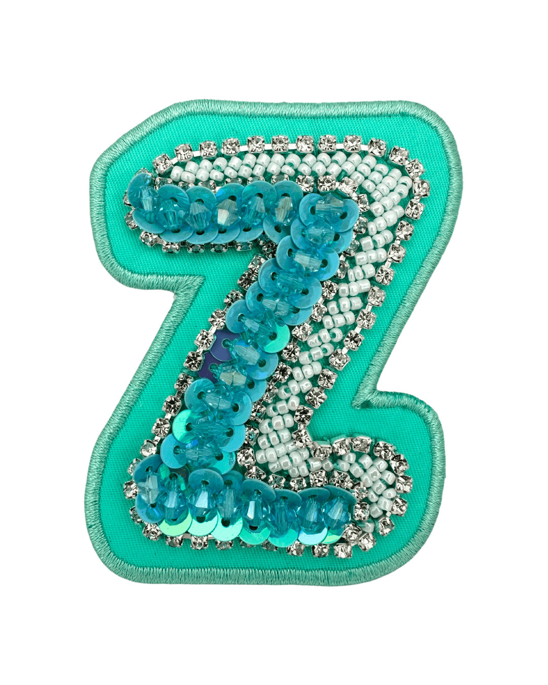 turquoise fabric letter Z patch with sequins, beads, and rhinestone embellishments