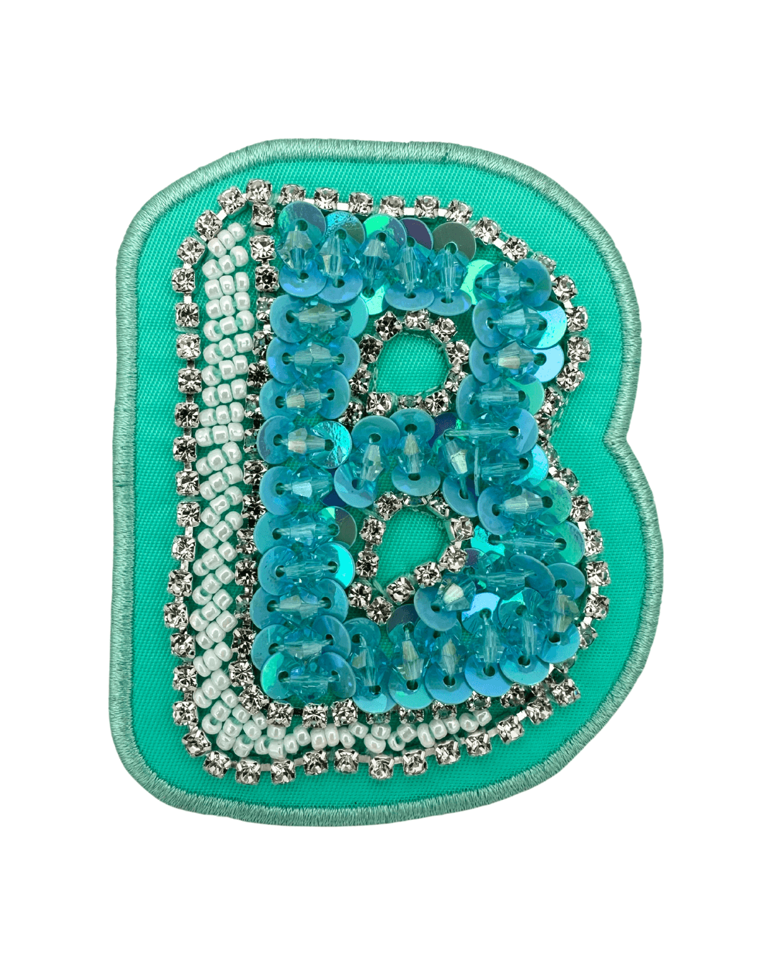 turquoise fabric letter B patch with sequins, beads, and rhinestone embellishments