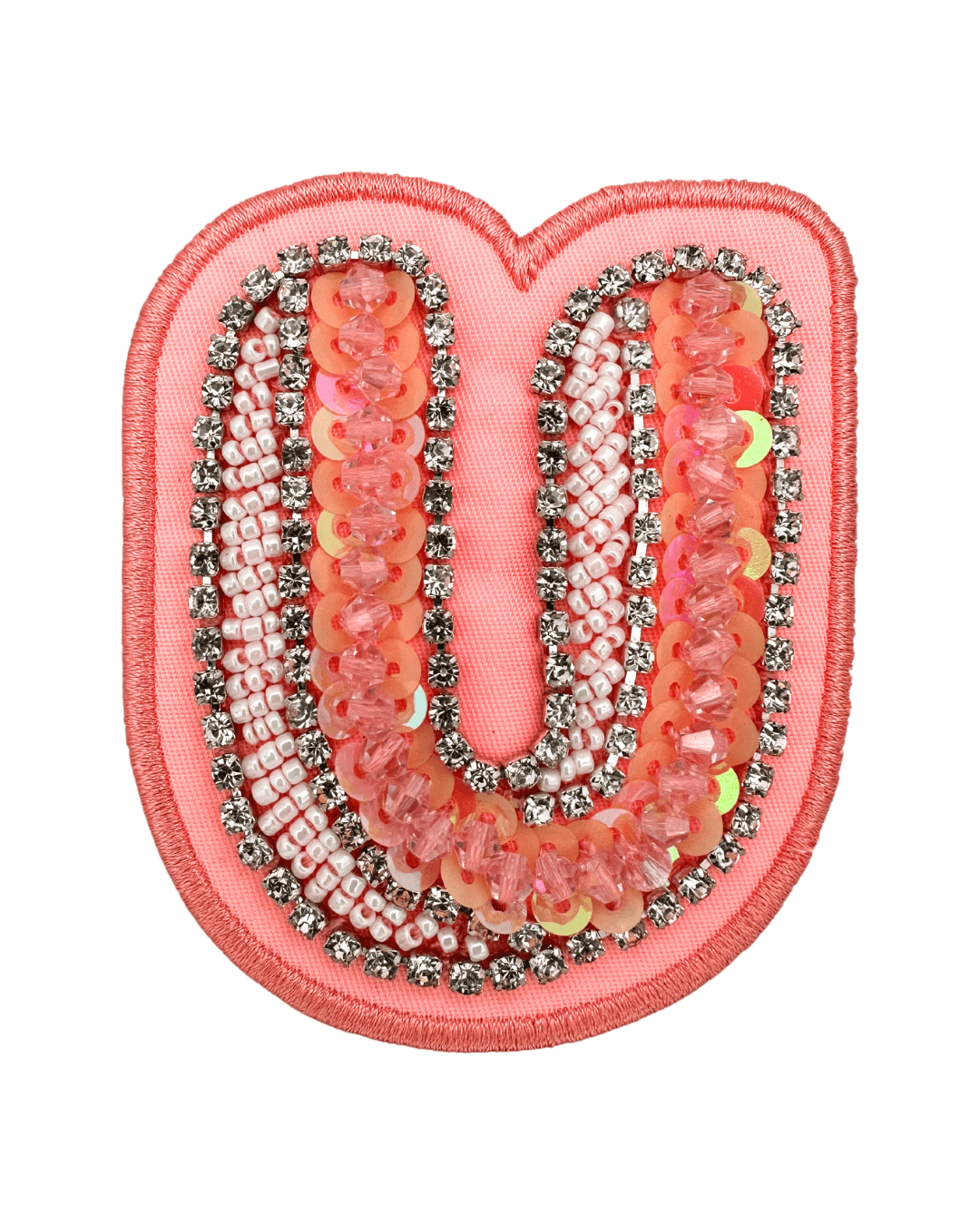 Pink fabric letter patch with sequins, beads, and rhinestone embellishments on white background